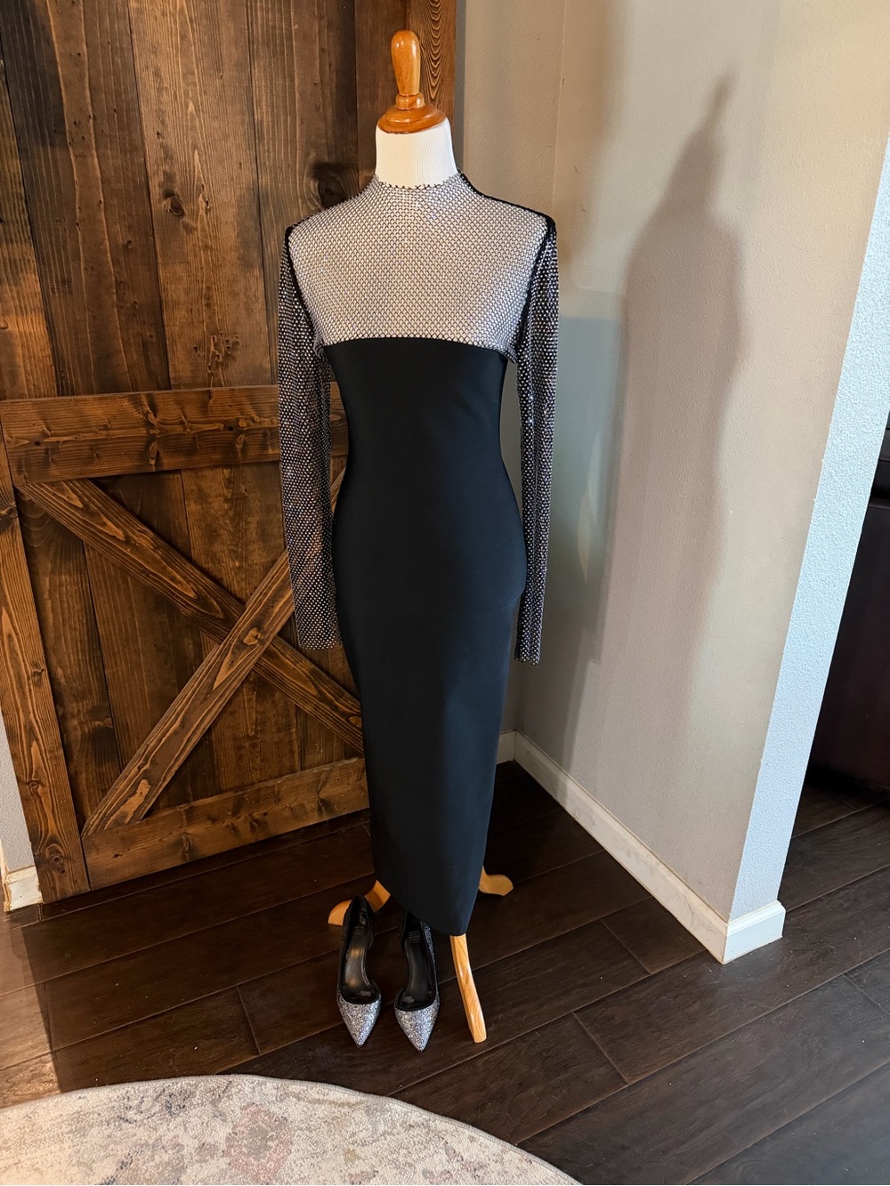 Elegant Black Sheer Yoke Long Sleeve Midi Dress. The WOW Factor!